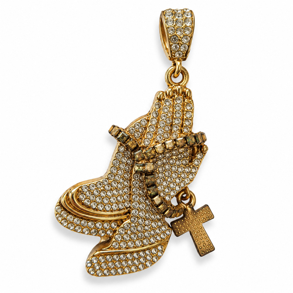 Gold Tone Rhinestone Praying Hands Pendant Cross Charm Religious Fashion Jewelry